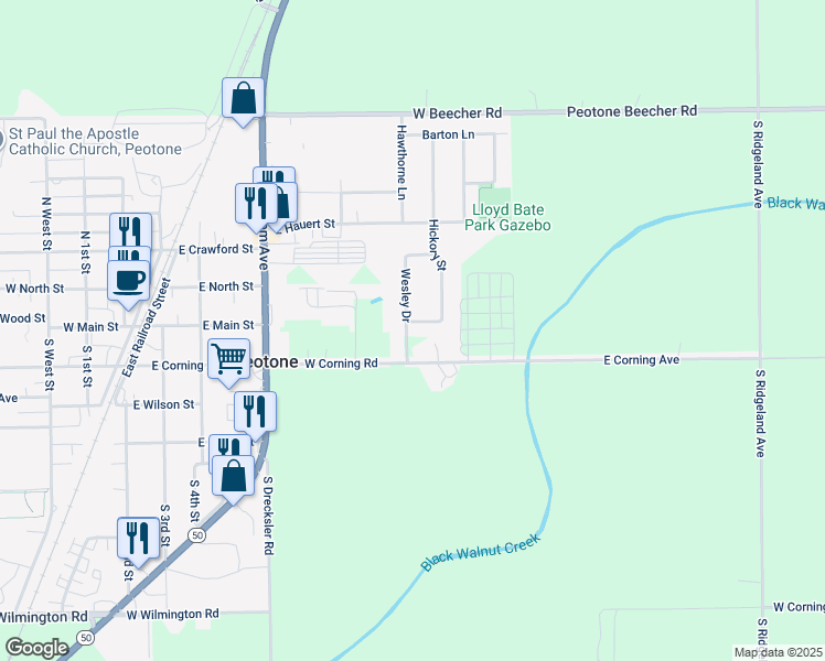 map of restaurants, bars, coffee shops, grocery stores, and more near 109 Wesley Drive in Peotone