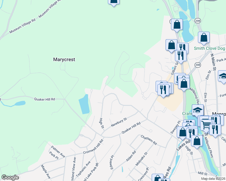 map of restaurants, bars, coffee shops, grocery stores, and more near 500 High Street in Monroe