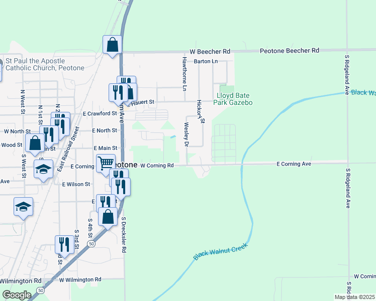 map of restaurants, bars, coffee shops, grocery stores, and more near 109 Wesley Drive in Peotone