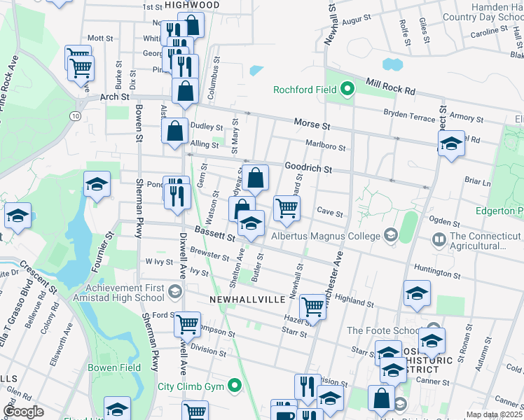 map of restaurants, bars, coffee shops, grocery stores, and more near 128 Read Street in New Haven