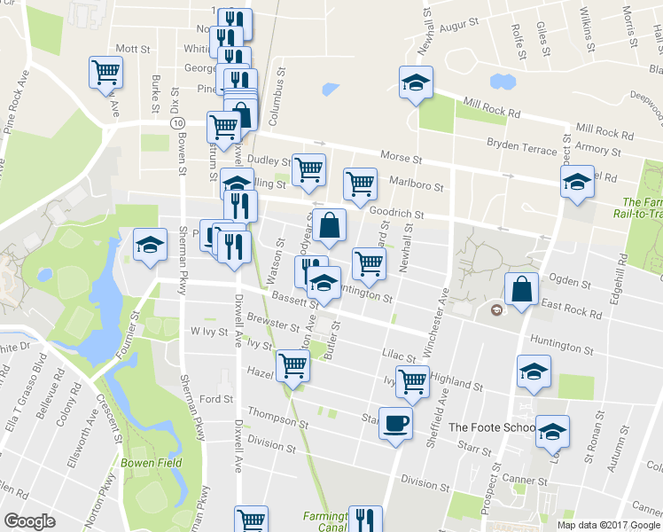 map of restaurants, bars, coffee shops, grocery stores, and more near 104 Butler Street in New Haven