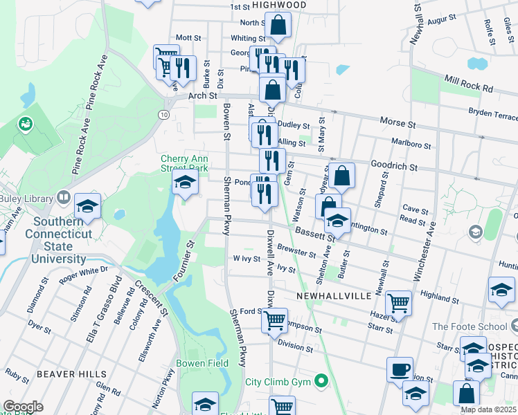map of restaurants, bars, coffee shops, grocery stores, and more near 260 Bassett Street in New Haven