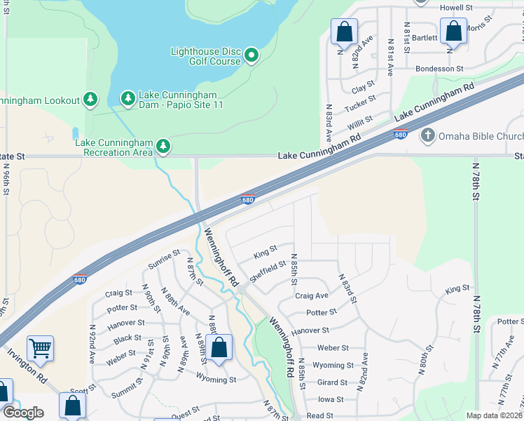 map of restaurants, bars, coffee shops, grocery stores, and more near 8526 King Street in Omaha