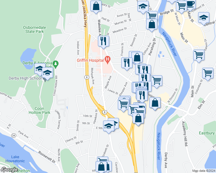 map of restaurants, bars, coffee shops, grocery stores, and more near 29 Maple Avenue in Derby