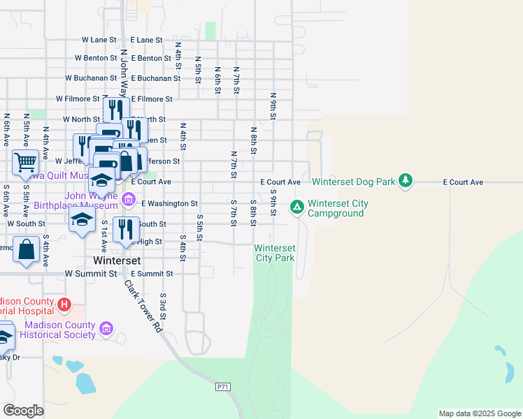 map of restaurants, bars, coffee shops, grocery stores, and more near 819 East South Street in Winterset