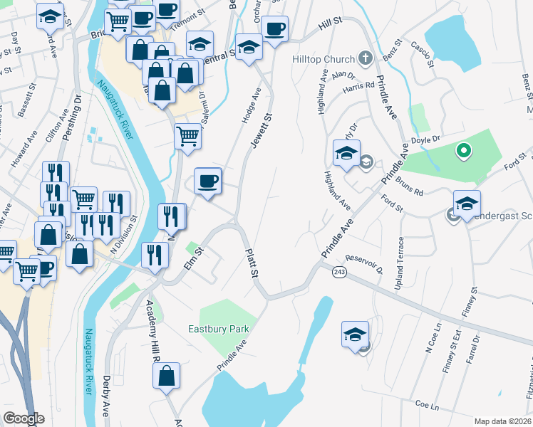 map of restaurants, bars, coffee shops, grocery stores, and more near 22 Spring Street in Ansonia