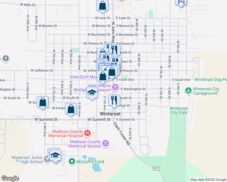 map of restaurants, bars, coffee shops, grocery stores, and more near 223 John Wayne Drive in Winterset