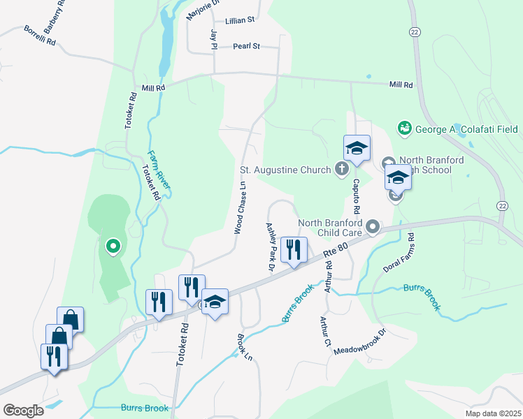 map of restaurants, bars, coffee shops, grocery stores, and more near 34 Ashley Park Drive in North Branford
