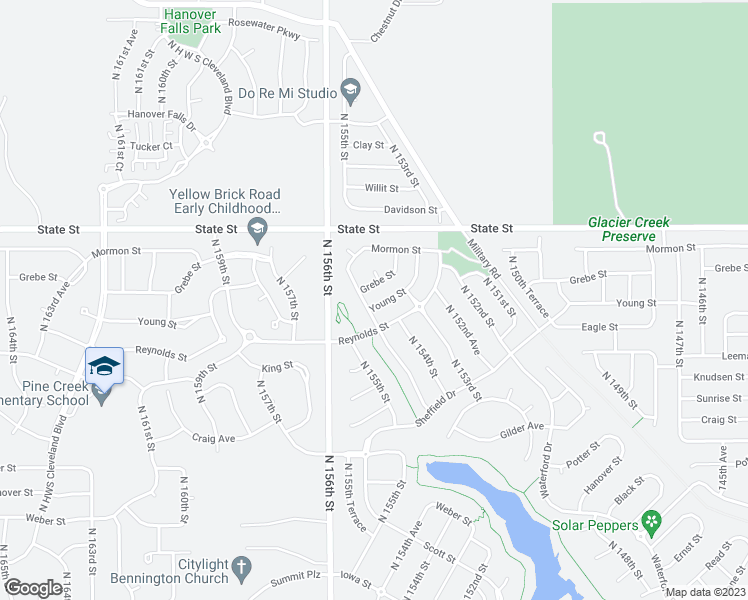 map of restaurants, bars, coffee shops, grocery stores, and more near 15412 Young Street in Bennington