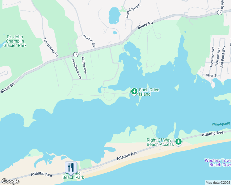 map of restaurants, bars, coffee shops, grocery stores, and more near 28 Brightman Way in Westerly