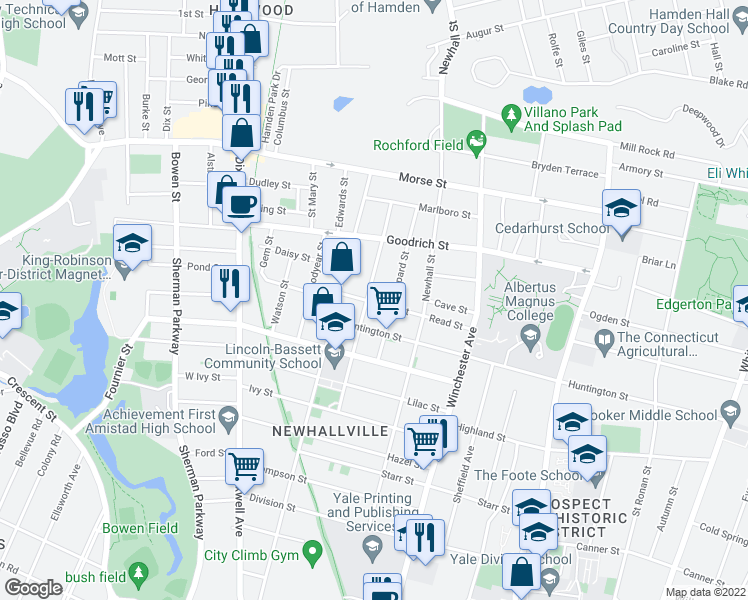 map of restaurants, bars, coffee shops, grocery stores, and more near 146 Butler Street in New Haven
