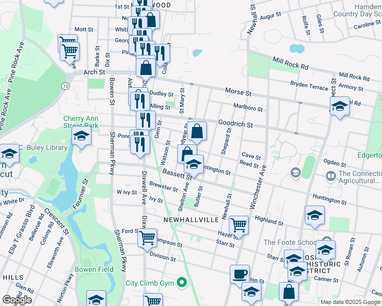 map of restaurants, bars, coffee shops, grocery stores, and more near 89 Goodyear Street in New Haven