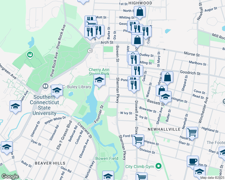 map of restaurants, bars, coffee shops, grocery stores, and more near 94 Pond Street in New Haven