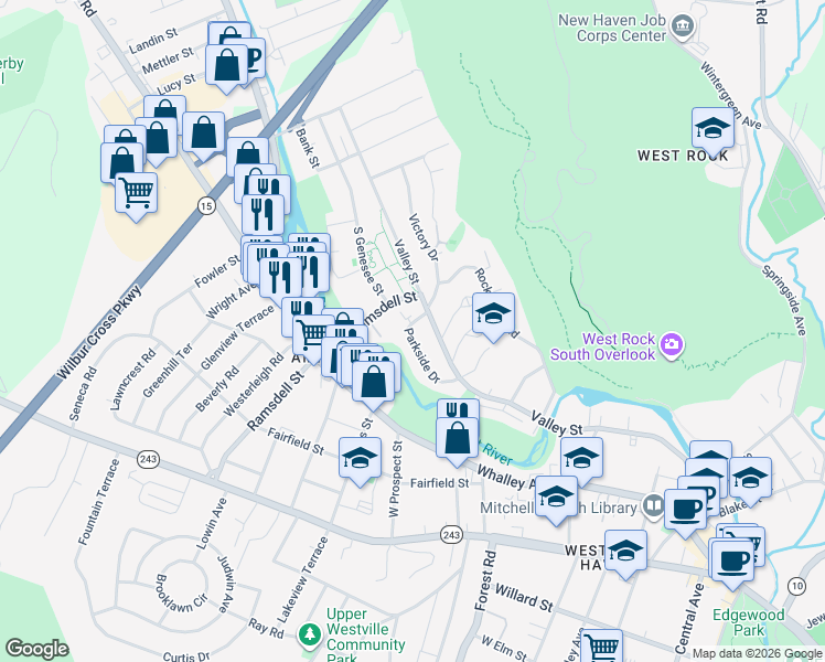 map of restaurants, bars, coffee shops, grocery stores, and more near 95 East Ramsdell Street in New Haven