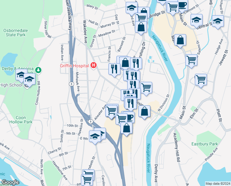 map of restaurants, bars, coffee shops, grocery stores, and more near 11 Clifton Avenue in Ansonia