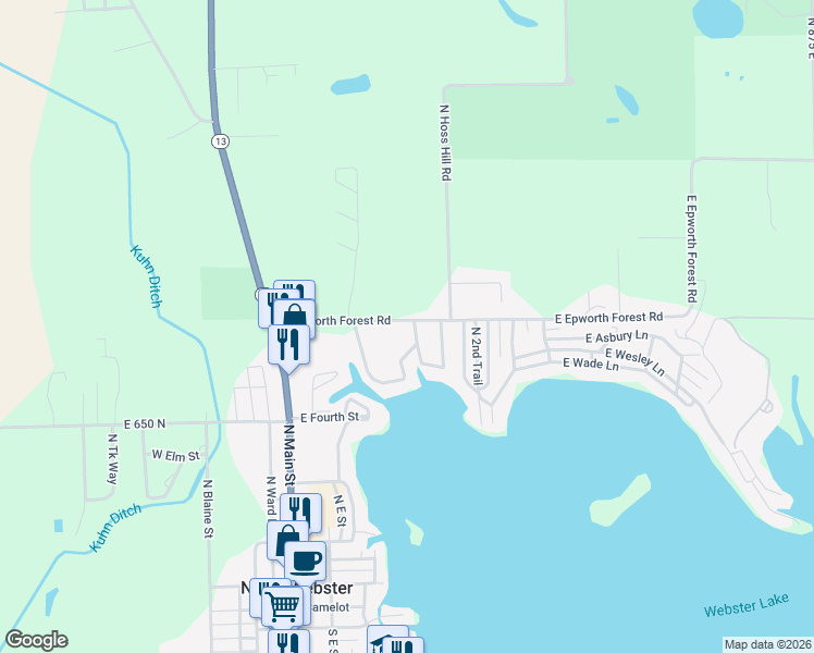 map of restaurants, bars, coffee shops, grocery stores, and more near 7700-8060 East Epworth Forest Road in North Webster