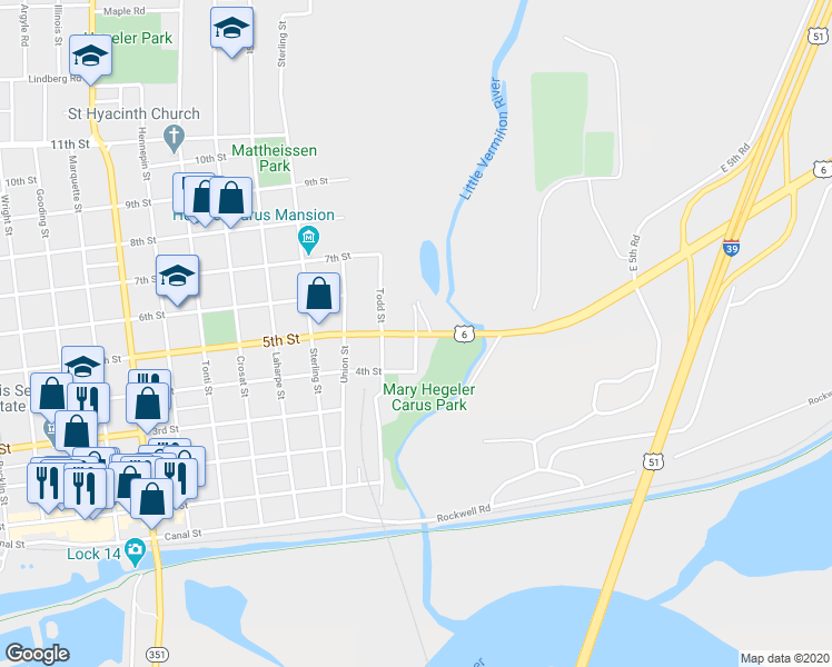 map of restaurants, bars, coffee shops, grocery stores, and more near Central Street in LaSalle
