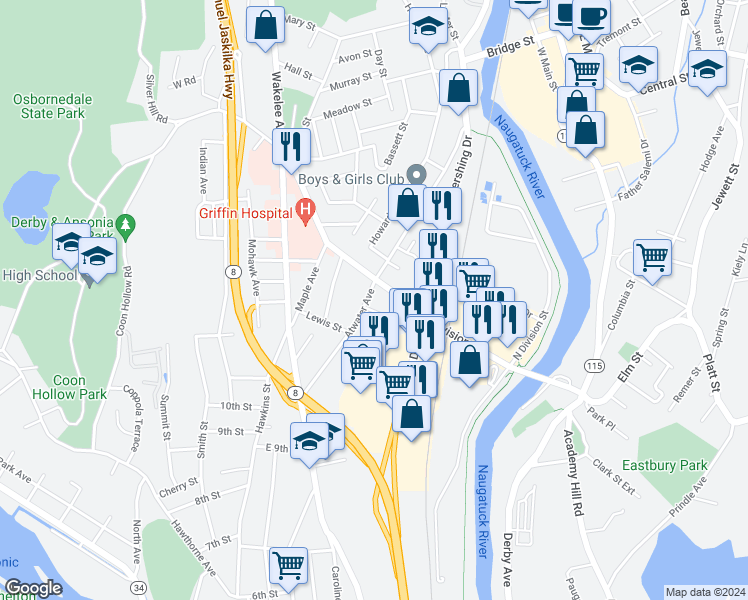 map of restaurants, bars, coffee shops, grocery stores, and more near 117 Atwater Avenue in Derby