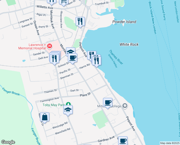 map of restaurants, bars, coffee shops, grocery stores, and more near 265R Pequot Avenue in New London