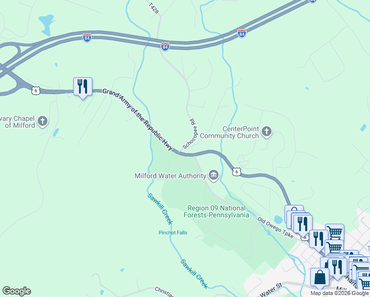 map of restaurants, bars, coffee shops, grocery stores, and more near Schocopee Road in Milford