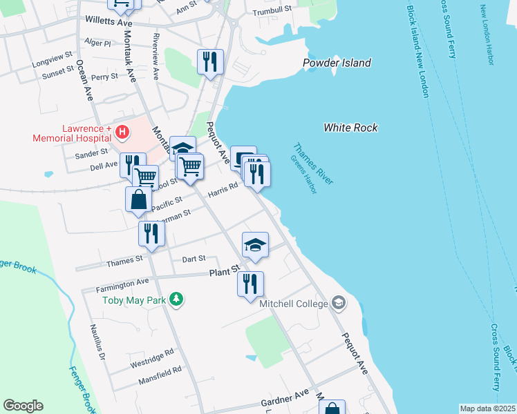 map of restaurants, bars, coffee shops, grocery stores, and more near 265R Pequot Avenue in New London