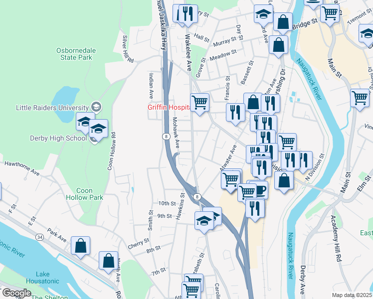 map of restaurants, bars, coffee shops, grocery stores, and more near 9 Winter Street in Derby