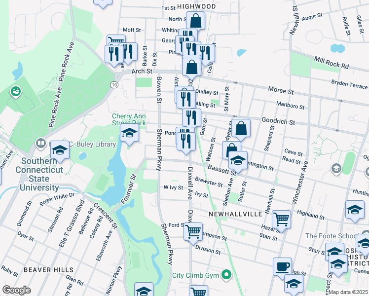 map of restaurants, bars, coffee shops, grocery stores, and more near 18 Pond Street in New Haven