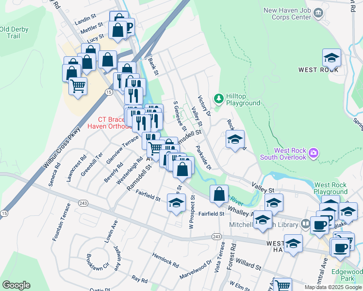 map of restaurants, bars, coffee shops, grocery stores, and more near 54 East Ramsdell Street in New Haven
