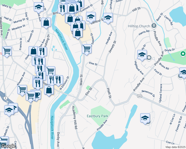 map of restaurants, bars, coffee shops, grocery stores, and more near 52 Platt Street in Ansonia