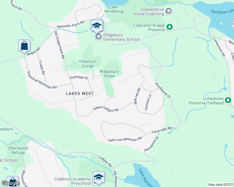 map of restaurants, bars, coffee shops, grocery stores, and more near 25 Fox Drive in Ridgefield
