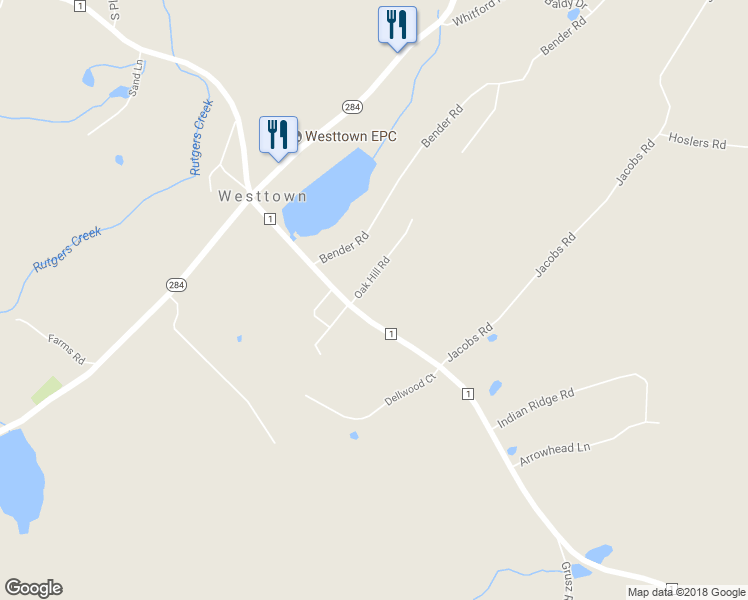 map of restaurants, bars, coffee shops, grocery stores, and more near 42 Oak Hill Road in Westtown