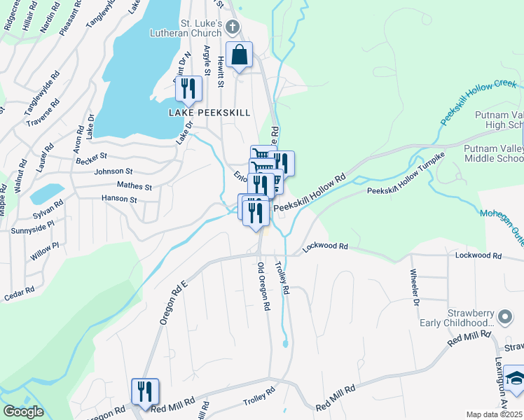 map of restaurants, bars, coffee shops, grocery stores, and more near 1 Oscawana Lake Road in Lake Peekskill