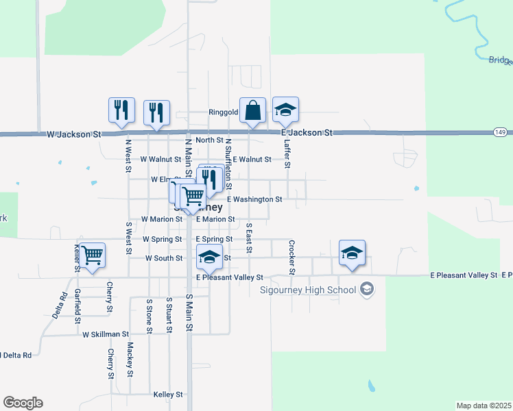 map of restaurants, bars, coffee shops, grocery stores, and more near 418 East Washington Street in Sigourney