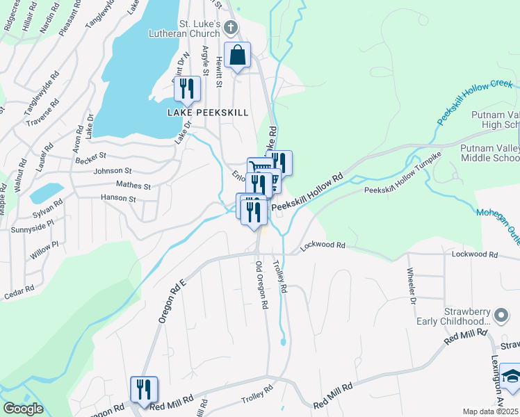 map of restaurants, bars, coffee shops, grocery stores, and more near 1 Oscawana Lake Road in Putnam Valley