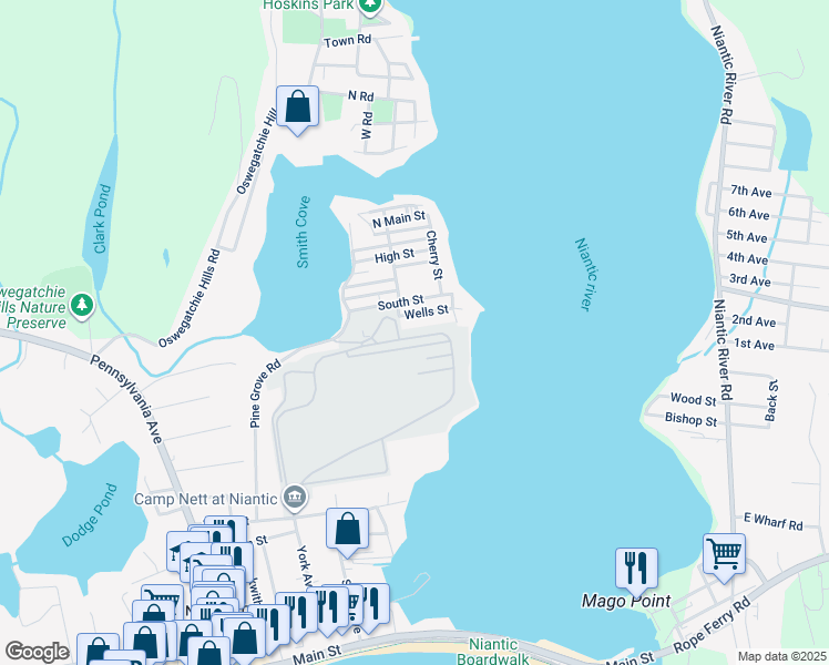 map of restaurants, bars, coffee shops, grocery stores, and more near 38 Smith Street in East Lyme