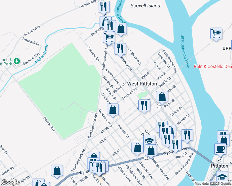 map of restaurants, bars, coffee shops, grocery stores, and more near 703 Wisner Street in Luzerne County