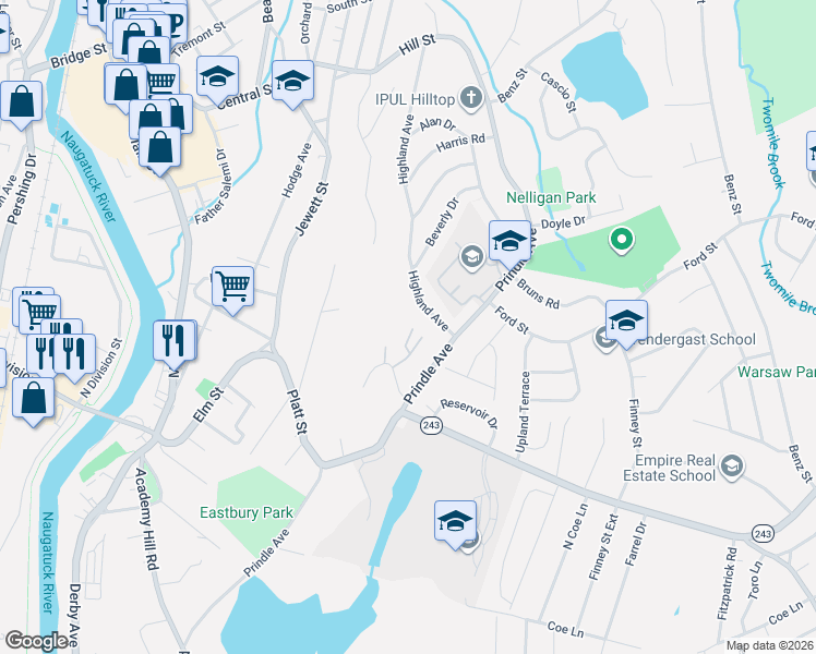 map of restaurants, bars, coffee shops, grocery stores, and more near 80 Highland Avenue in Ansonia