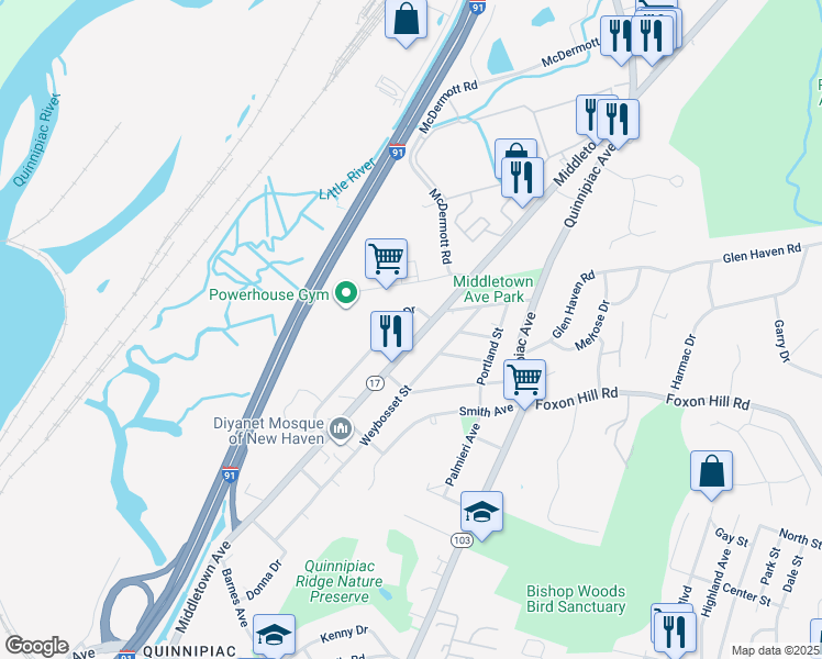 map of restaurants, bars, coffee shops, grocery stores, and more near 191 Gando Drive in New Haven