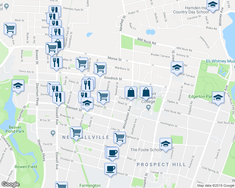 map of restaurants, bars, coffee shops, grocery stores, and more near 375 Newhall Street in New Haven