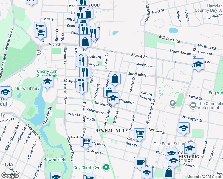 map of restaurants, bars, coffee shops, grocery stores, and more near 89 Goodyear Street in New Haven