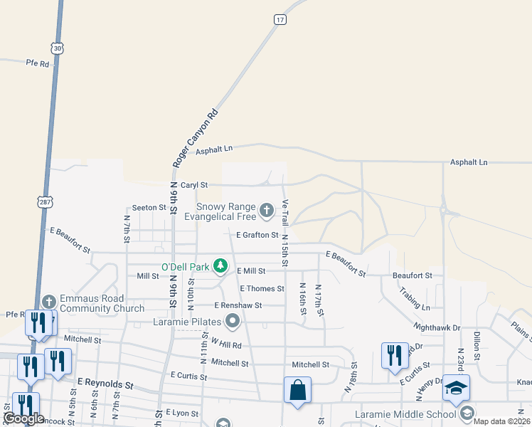 map of restaurants, bars, coffee shops, grocery stores, and more near 1426 North 15th Street in Laramie