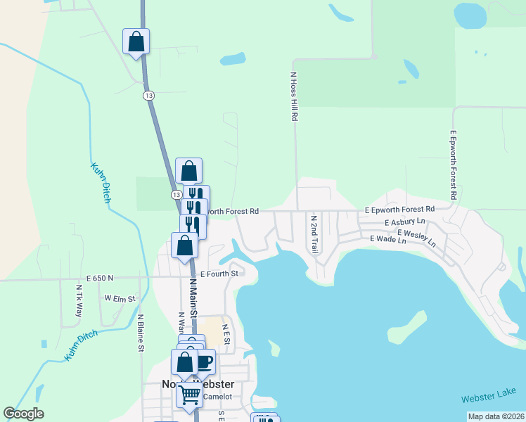 map of restaurants, bars, coffee shops, grocery stores, and more near 8060 East Epworth Forest Road in North Webster