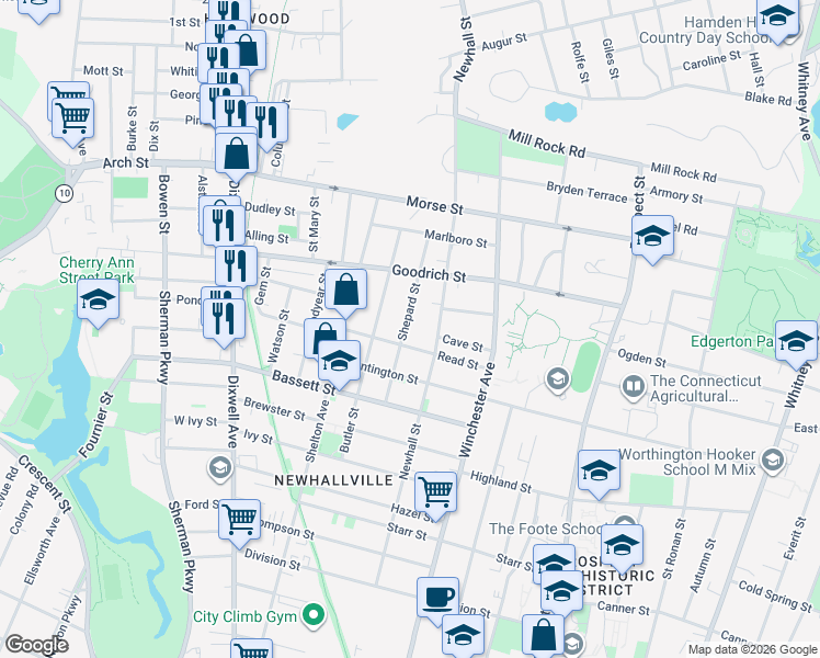 map of restaurants, bars, coffee shops, grocery stores, and more near 92 Shepard Street in New Haven