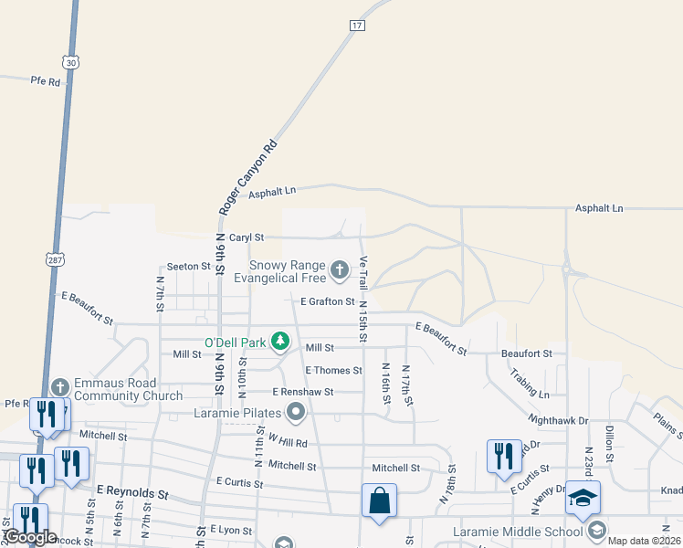 map of restaurants, bars, coffee shops, grocery stores, and more near 1431 Thaxton Court in Laramie