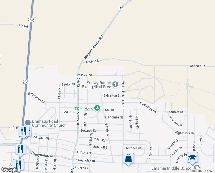 map of restaurants, bars, coffee shops, grocery stores, and more near 1404 Thaxton Court in Laramie