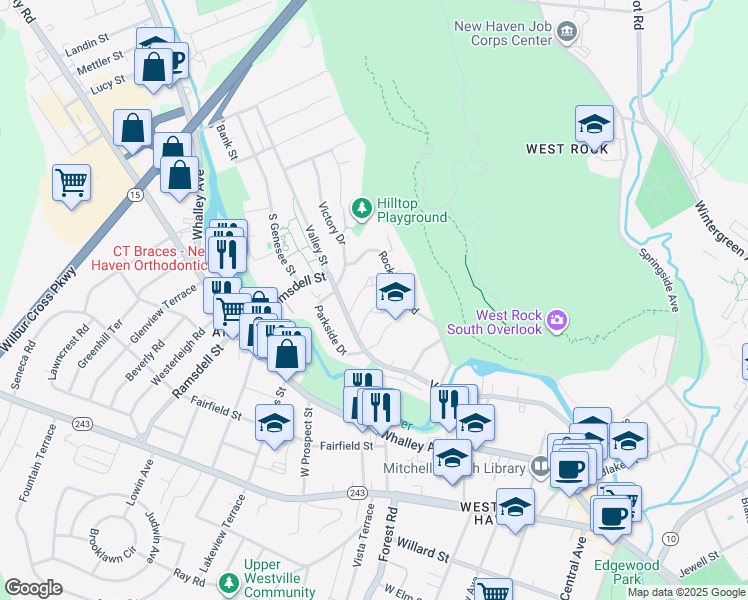map of restaurants, bars, coffee shops, grocery stores, and more near 17 Valley Place South in New Haven
