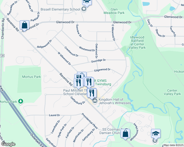 map of restaurants, bars, coffee shops, grocery stores, and more near 1890 Edgewood Drive in Twinsburg