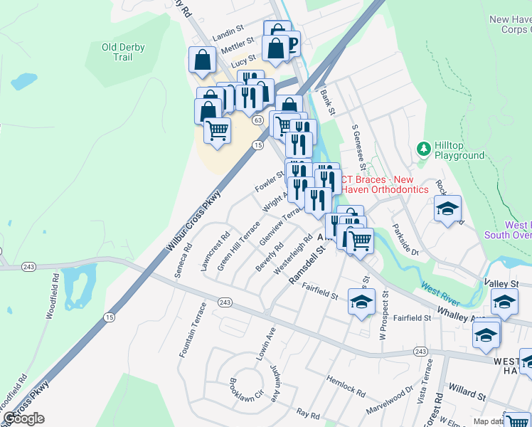map of restaurants, bars, coffee shops, grocery stores, and more near 234 Green Hill Terrace in New Haven