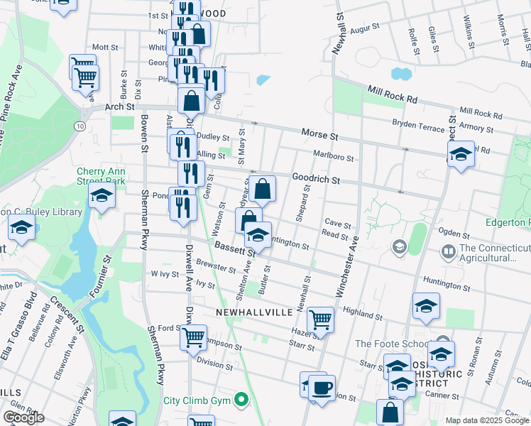 map of restaurants, bars, coffee shops, grocery stores, and more near 383 Shelton Avenue in New Haven