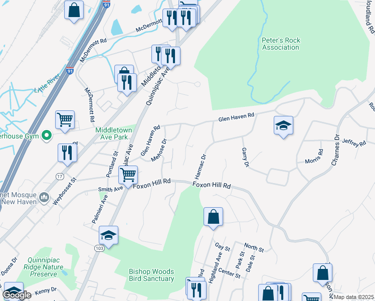 map of restaurants, bars, coffee shops, grocery stores, and more near 44 Oak Ridge Drive in New Haven